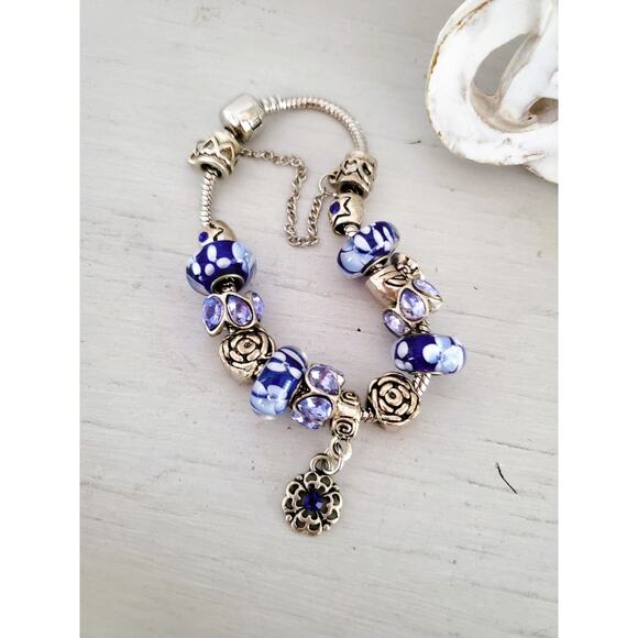 Silver-tone Blue Glass Floral Charm Bracelet - Picture 1 of 6
